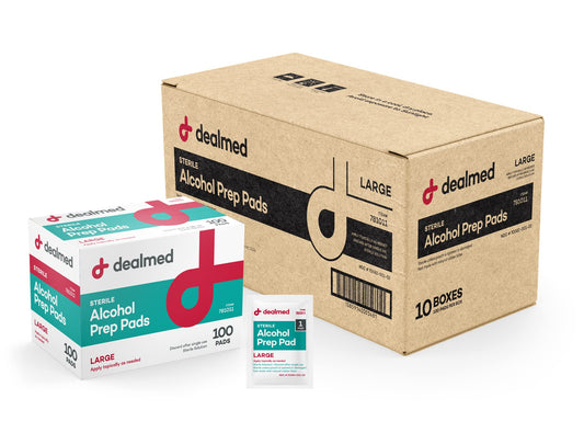 DealMed alcohol prep pads in a 1000-count container for bulk first aid readiness.