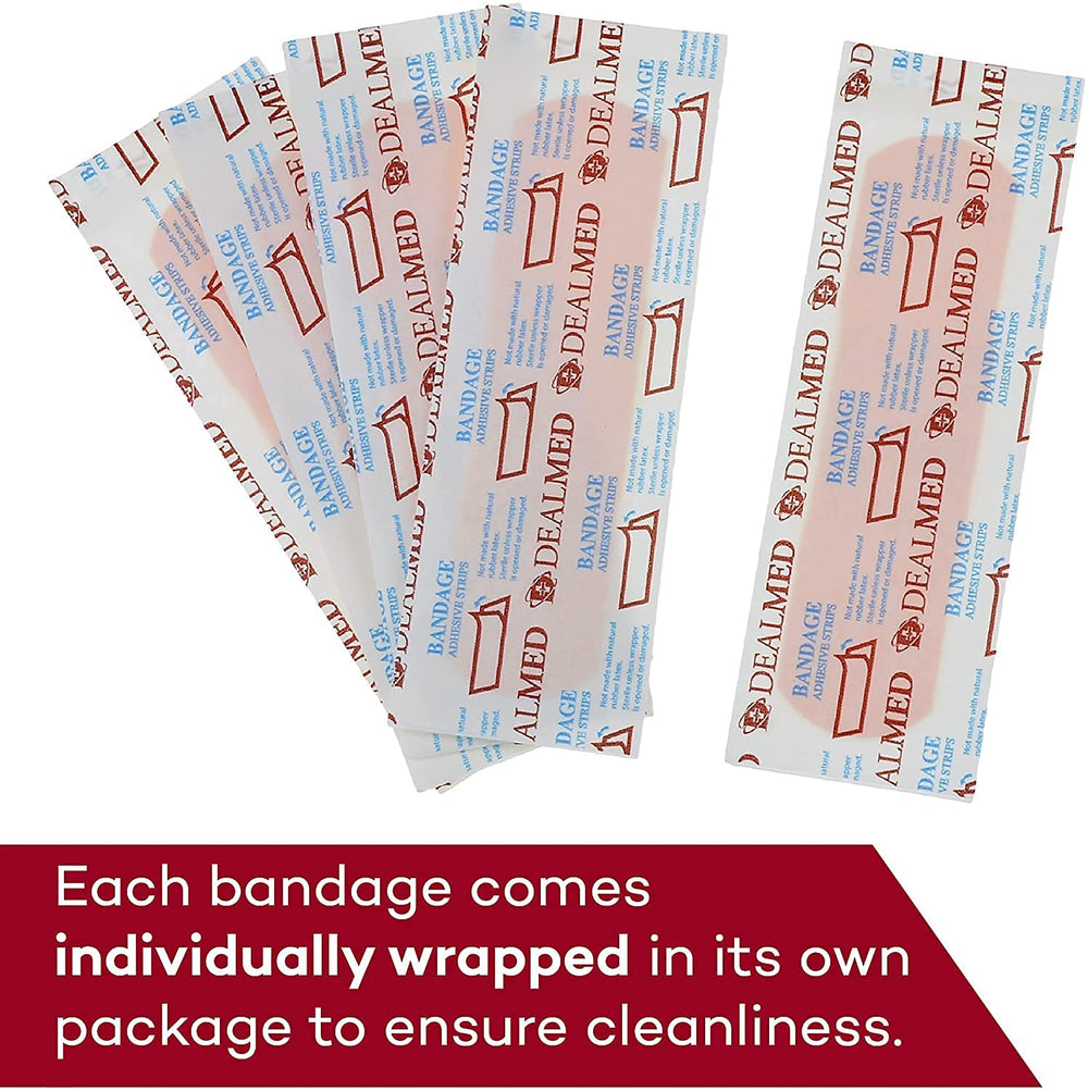 Dealmed bandages latex-free label confirms safe use for sensitive skin.