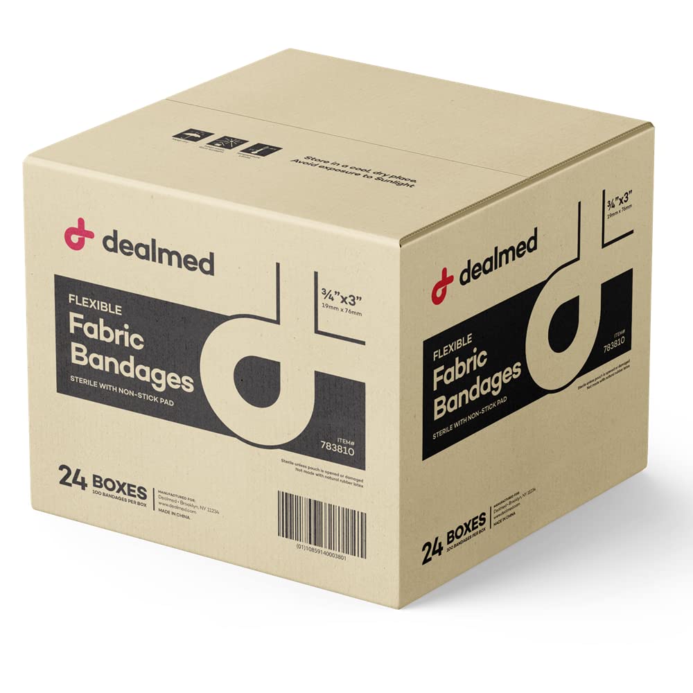Dealmed fabric bandages pack shot highlight durable, breathable coverage for minor wounds.