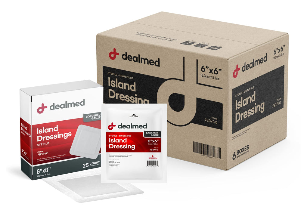 Dealmed bordered gauze island dressing 6x6 inch with adhesive border for secure placement.