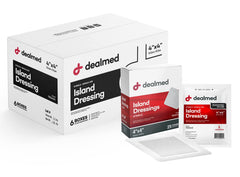 Dealmed bordered gauze island dressing in a sterile box for easy coverage