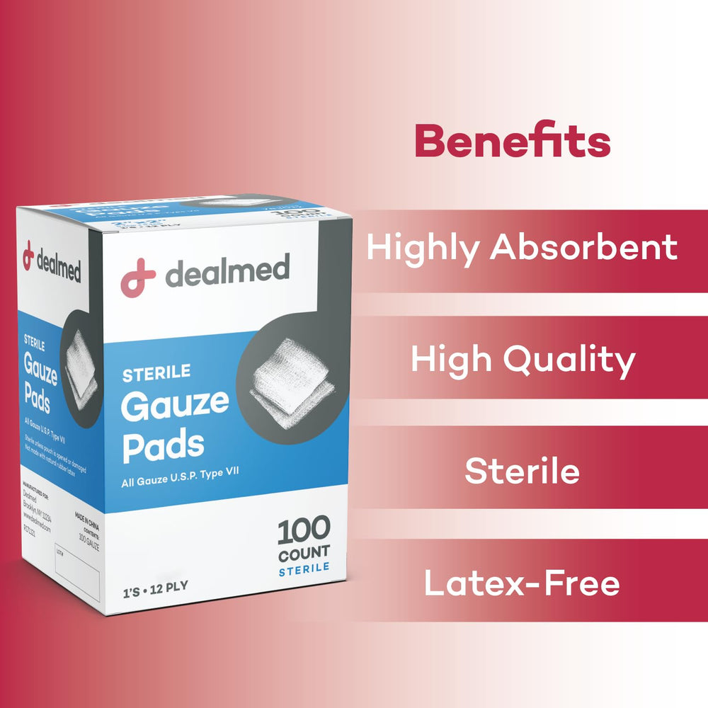 Dealmed 100-count gauze pads ready for first aid kits.