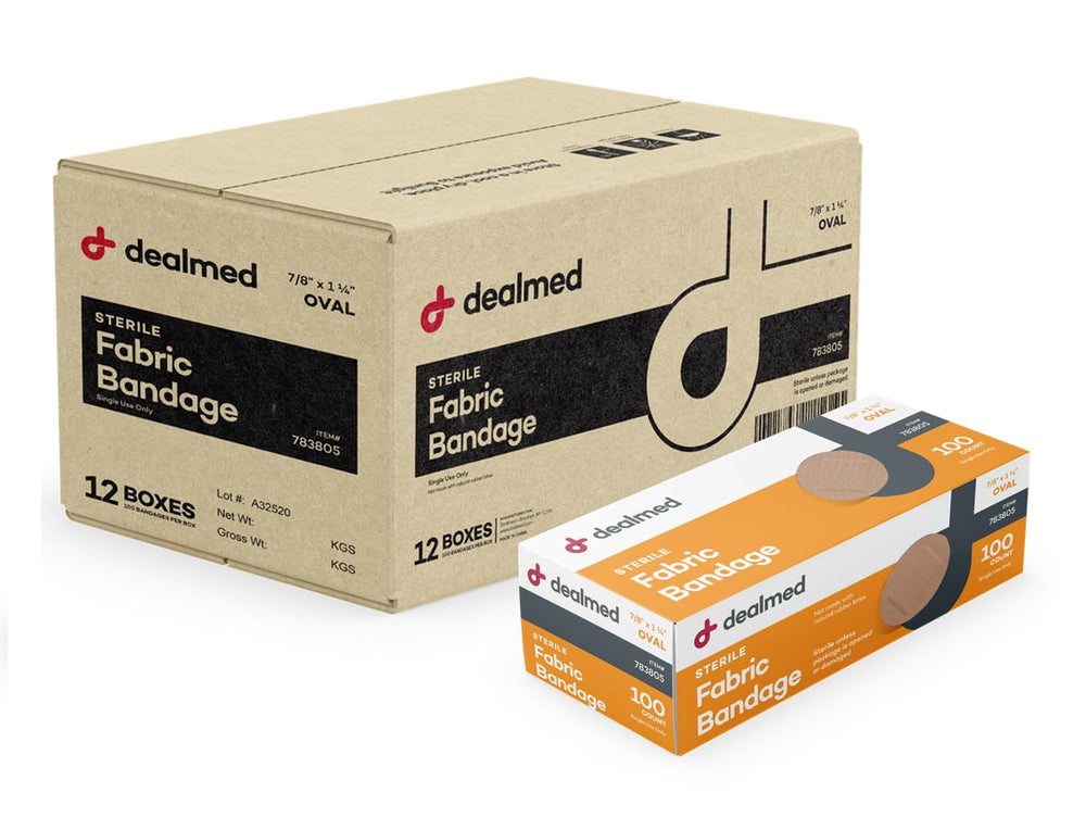 Dealmed fabric oval bandages in packaging, ready for quick, clean first aid on the go.