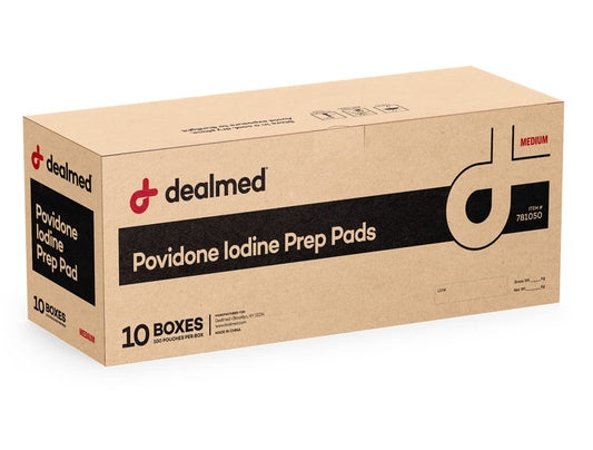 Dealmed povidone iodine prep pad in a sealed single packet for clean, ready wound care.