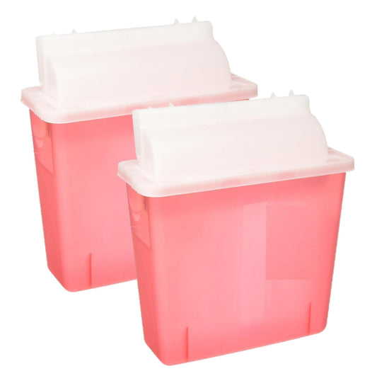 Dealmed 5-quart sharps container with red mailbox lid in side view for safe clinic disposal.