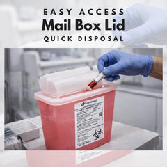 Dealmed 5-quart sharps container with transparent red body clearly showing fill level.