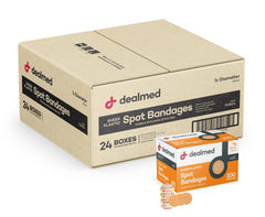 Dealmed Sheer Plastic Spot Bandages packaging emphasizes cleanliness and protection.