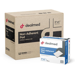 Dealmed sterile non-adherent 3x4 gauze pad box for wound care.