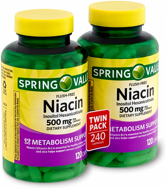 Decatela Spring Valley flush free niacin 500 mg bottle supports metabolism for adults.