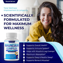 DECENT NATURE Magnesium Complex capsules close-up showing seven magnesium forms for absorption.