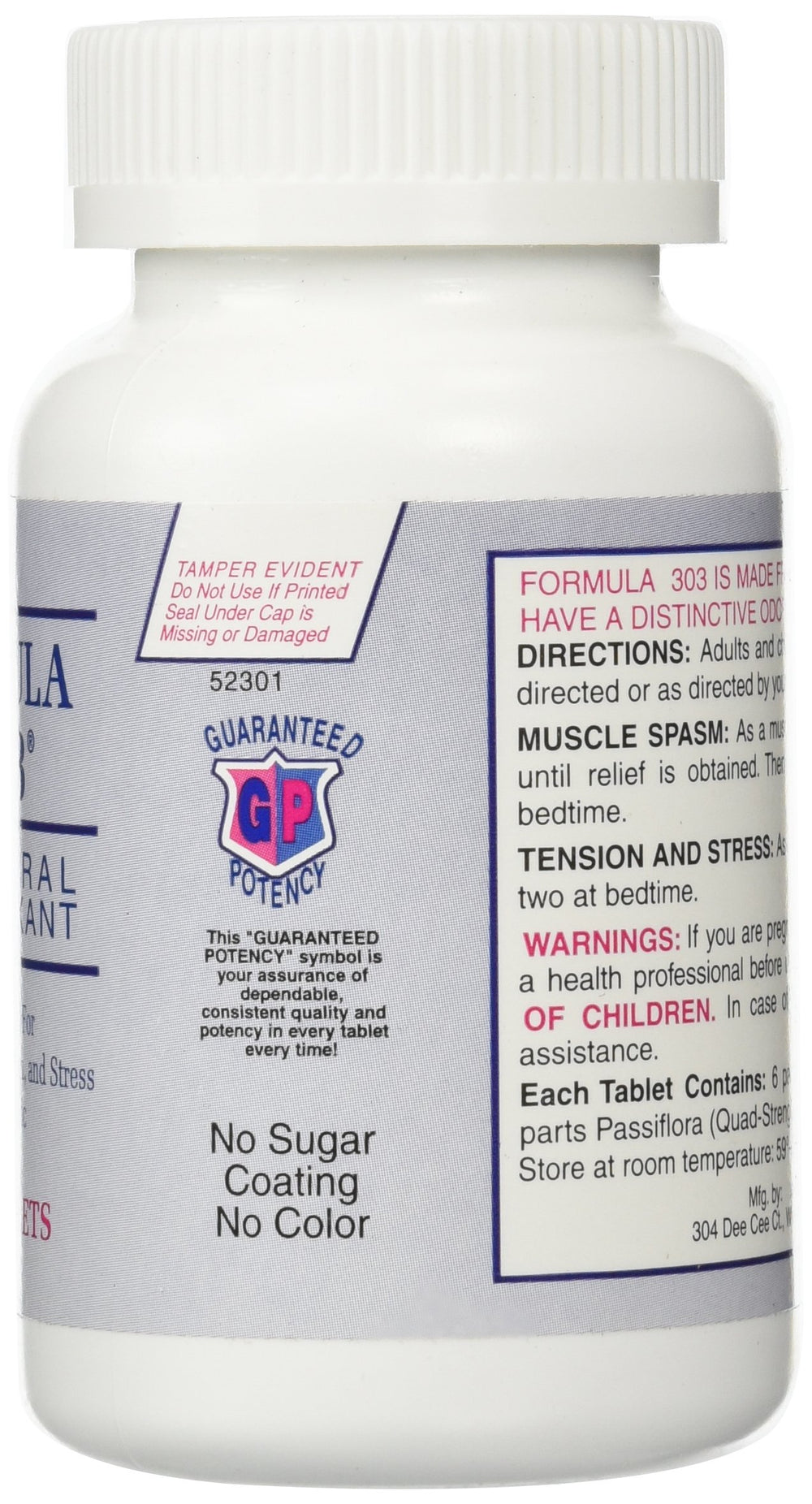 Dee Cee Labs Formula 303 close-up showing herbal blend for calm muscles