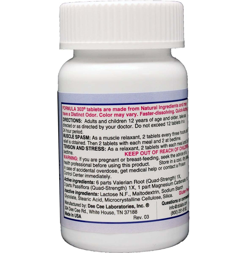 Formula 303 tablets close-up show natural ingredients for muscle comfort