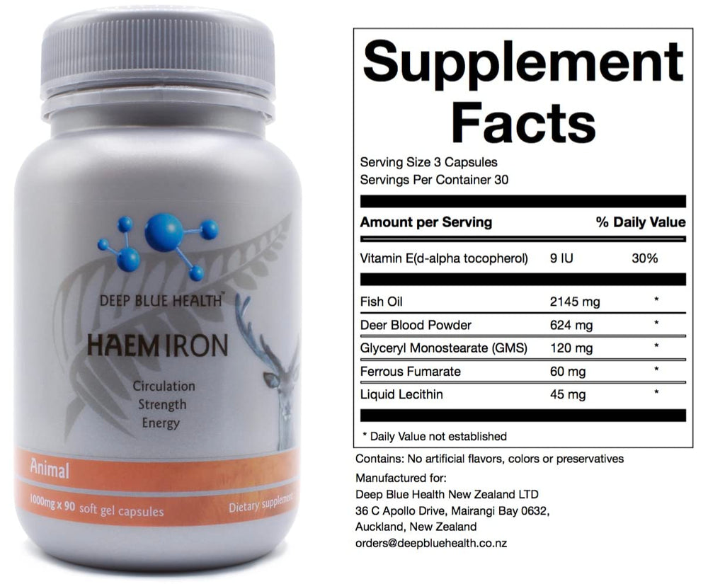 Deep Blue Health Haem Iron from South Island NZ deer farms.
