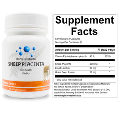 Deep Blue Health ovine placenta capsules close-up highlighting nutrient-rich formula