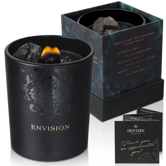 Deep Eden Black Orchid & Pine Moss candle with wood wick and crystal glow for calm focus.