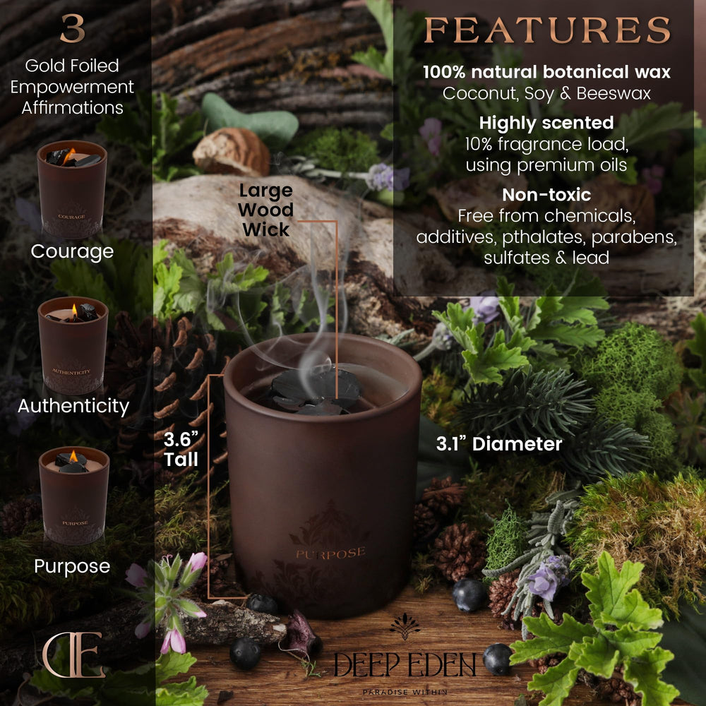 Deep Eden coconut-soy-beeswax blend ensures clean burn.