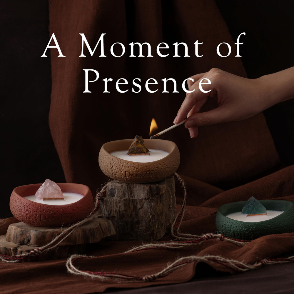 DEEP FLOW Peach Grace candle emits warm atmosphere for intimate moments.