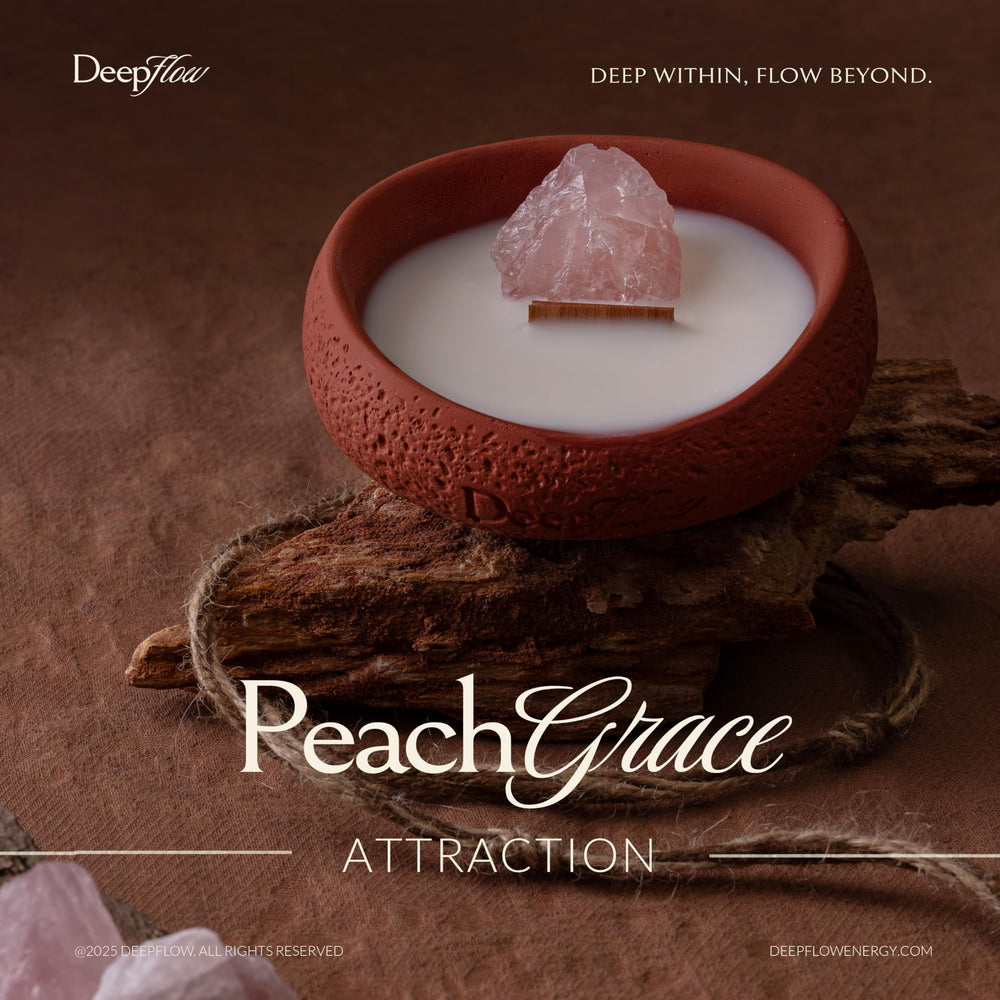 DEEP FLOW Soft peach floral fragrance fills the space in the shot.
