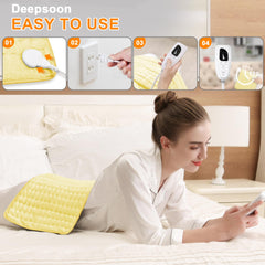 Deepsoon heating pad on shoulder showing broad coverage and soft fabric