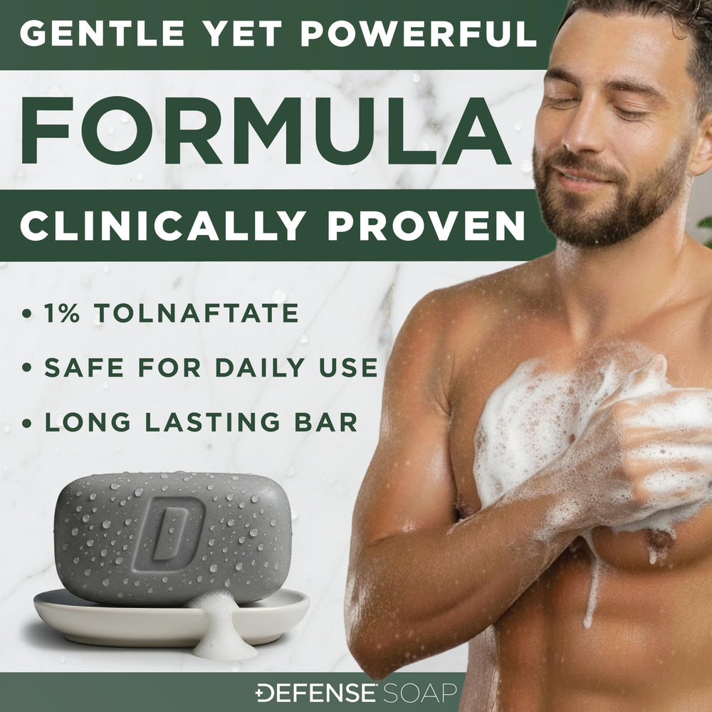 Defense Soap antifungal bar pack back highlights contents and usage for routine.