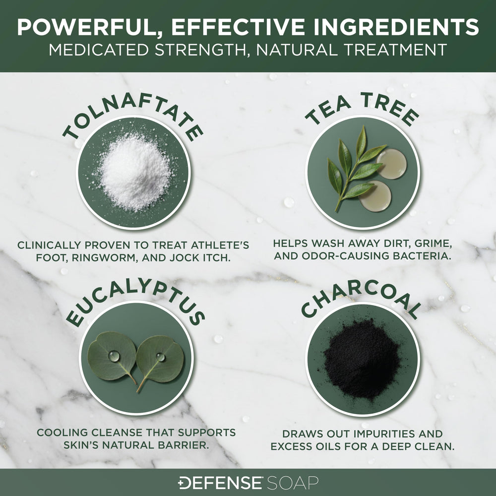 Shelf display of Defense antifungal bar pack emphasizes convenient multi-bar value.