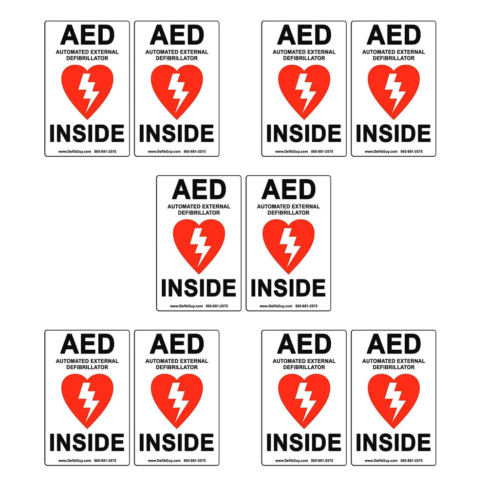 Defib Guy AED label 10-pack shown in red and black on white for clear visibility.