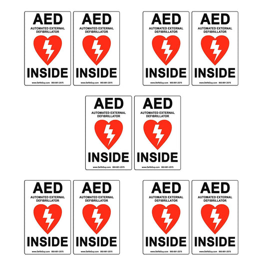 Defib Guy AED label 10-pack shown in red and black on white for clear visibility.