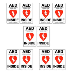 Defib Guy AED label 10-pack shown in red and black on white for clear visibility.
