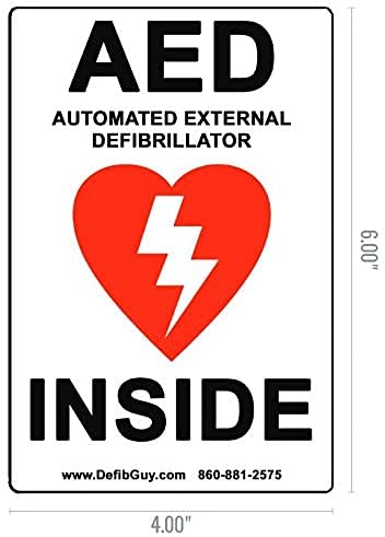 Defib Guy weatherproof AED label demonstrates durable vinyl stickers for high-traffic spots.
