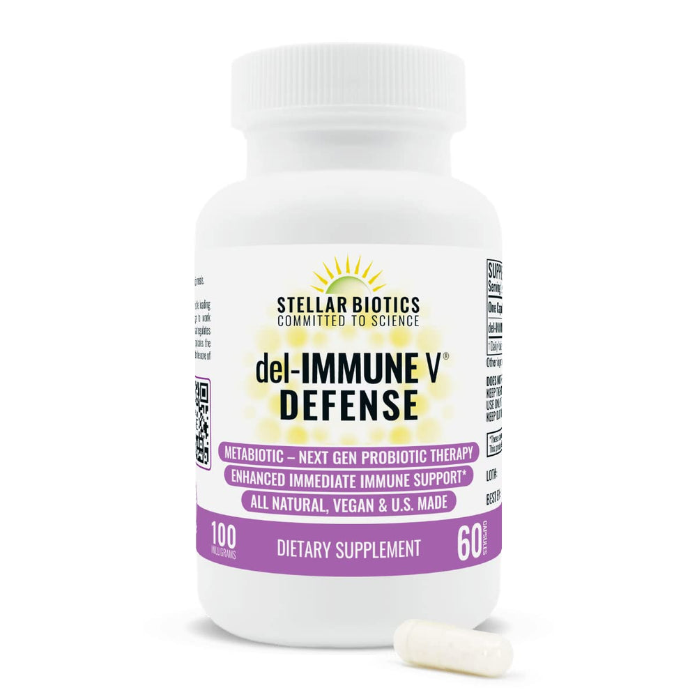 Del-Immune V Defense bottle on a clean counter supports gut-friendly immune balance.