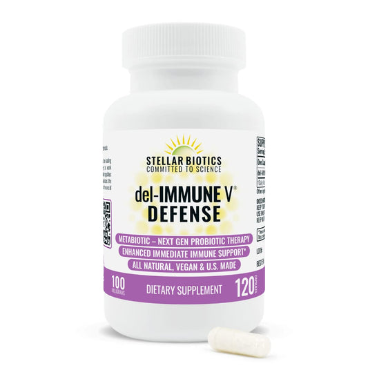 Del-Immune V Defense bottle front shows clean label for planned daily immune support.