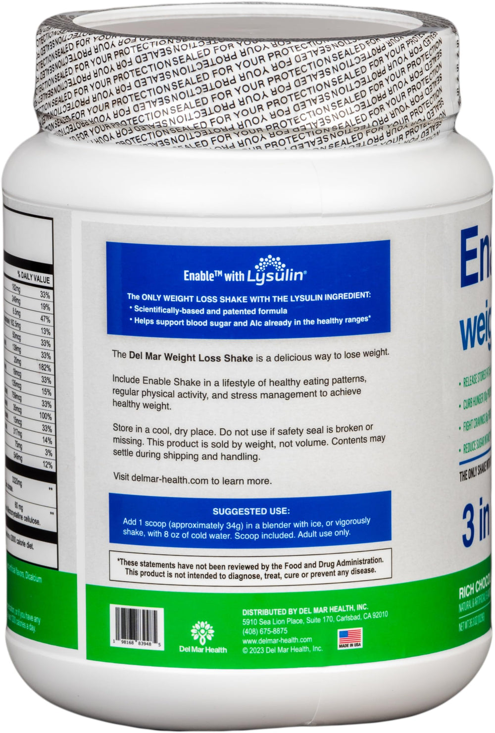Del Mar Health Enable Weight Loss Shake packaging, 2 lb 11 oz container for daily use
