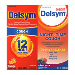 Delsym 12 Hour Cough Liquid bottle with orange label ready for quick relief.