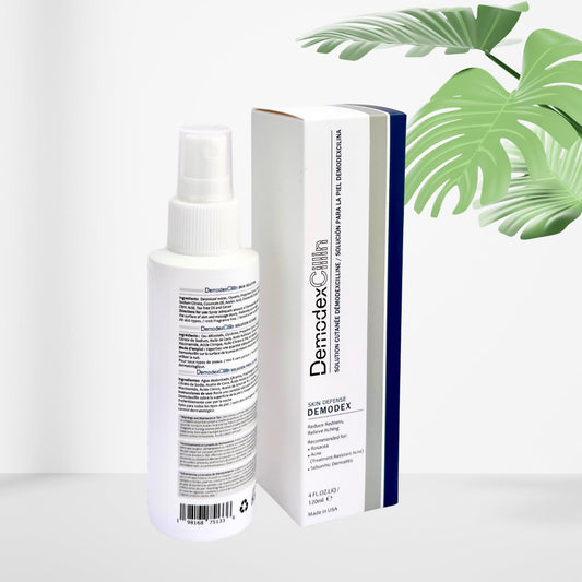 Demodexcillin bottle for quick, non-greasy daily use.