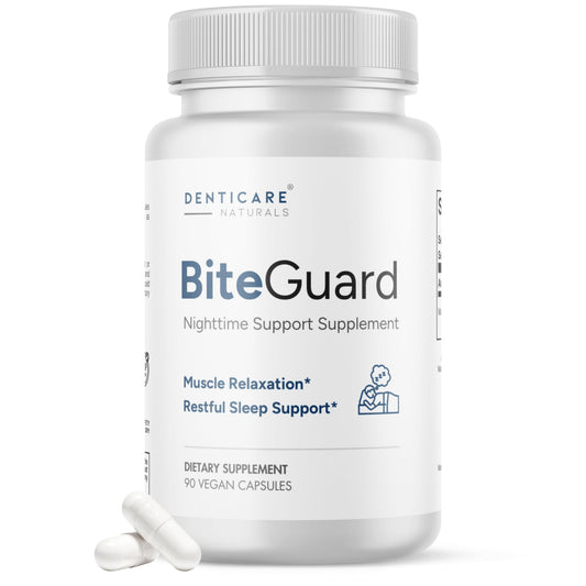 Denticare Bite-Guard packaging bottle promotes easy nightly use and calmer jaw