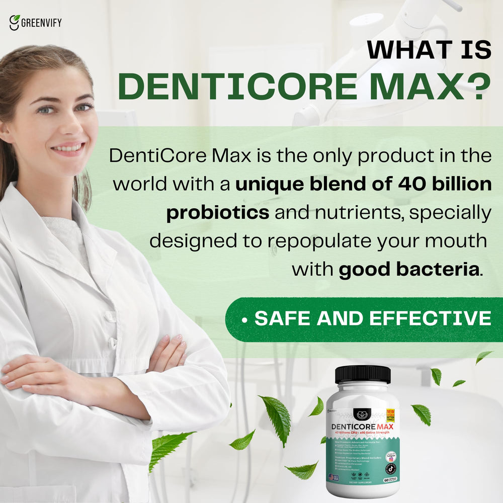 DentiCore Max packaging info emphasizing high-potency probiotic formula.