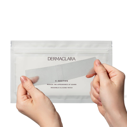 Dermaclara c-section scar patch on belly cover showing scar coverage and hydration