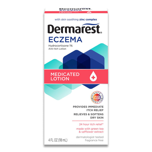 Dermarest eczema medicated lotion bottle front shows fragrance-free, dermatologist-tested relief.