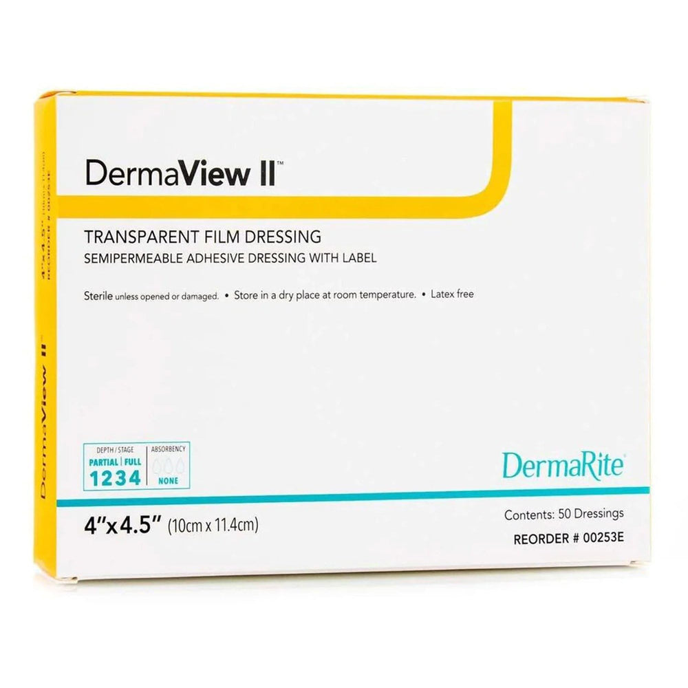 DermaRite DermaView II box packaging displaying sterile, individually wrapped dressings.