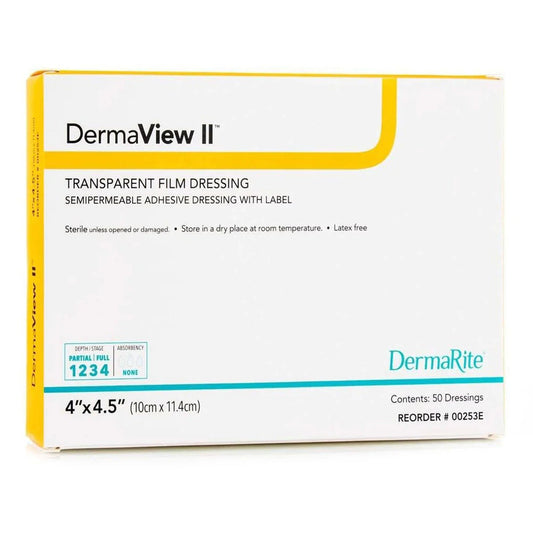 DermaRite DermaView II box packaging displaying sterile, individually wrapped dressings.