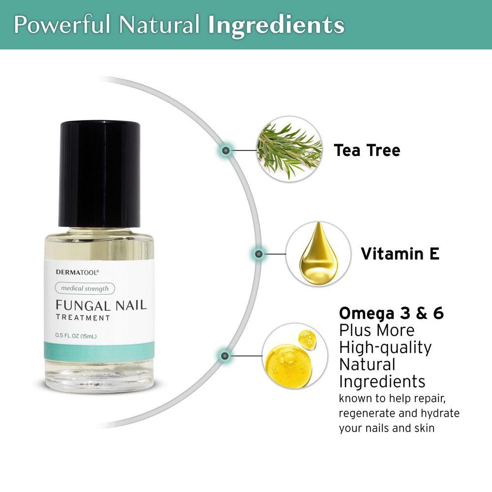 DERMATOOL natural ingredients like tea tree and vitamin E shown in the formula.