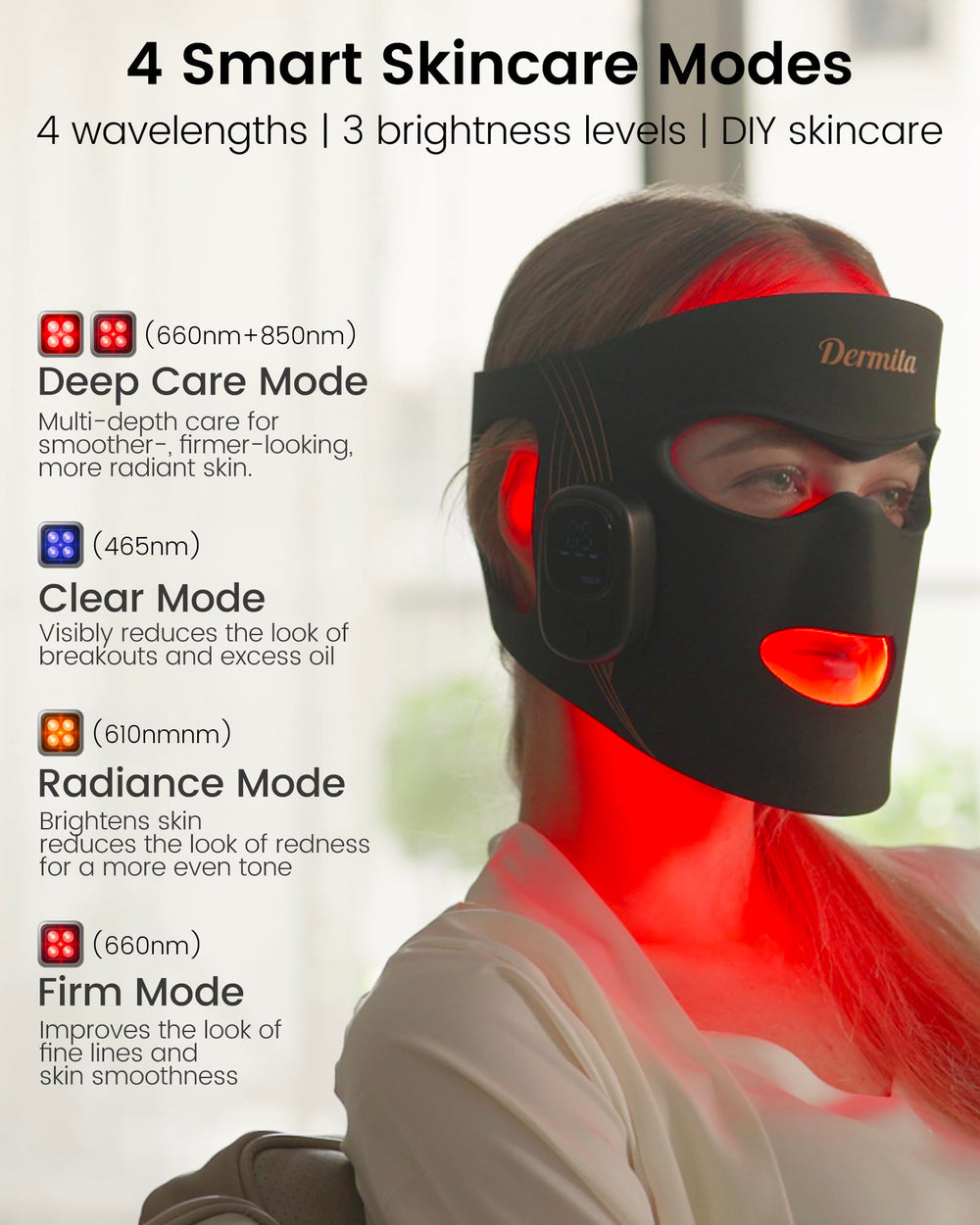 Dermita red light mask 360‑coverage closeup with even light across the face