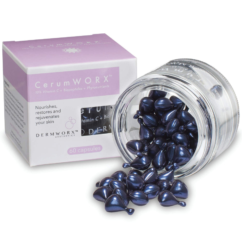 DermWORX CerumWORX Day Serum bottle close-up highlighting vibrant vitamin C potency.