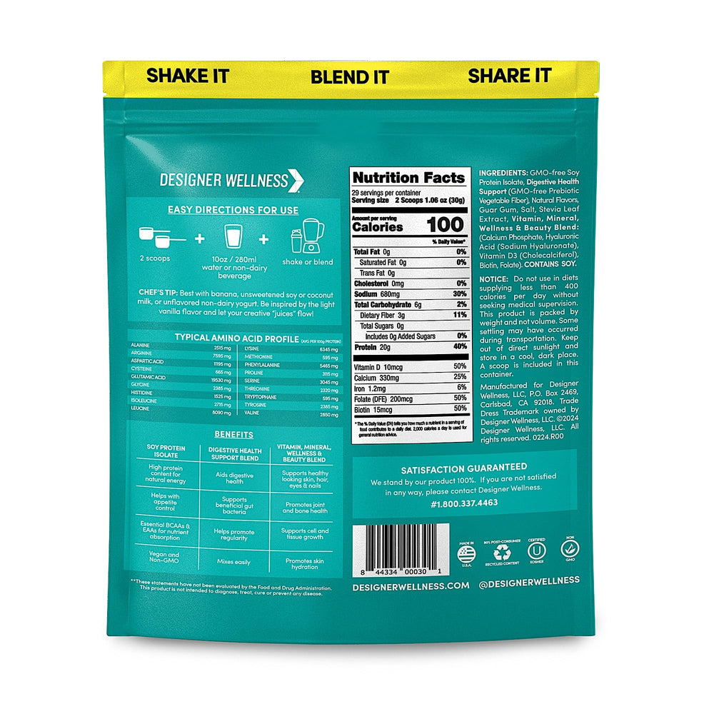 Designer Wellness Angel Cake Vanilla scoop beside powder supporting easy protein measurement.
