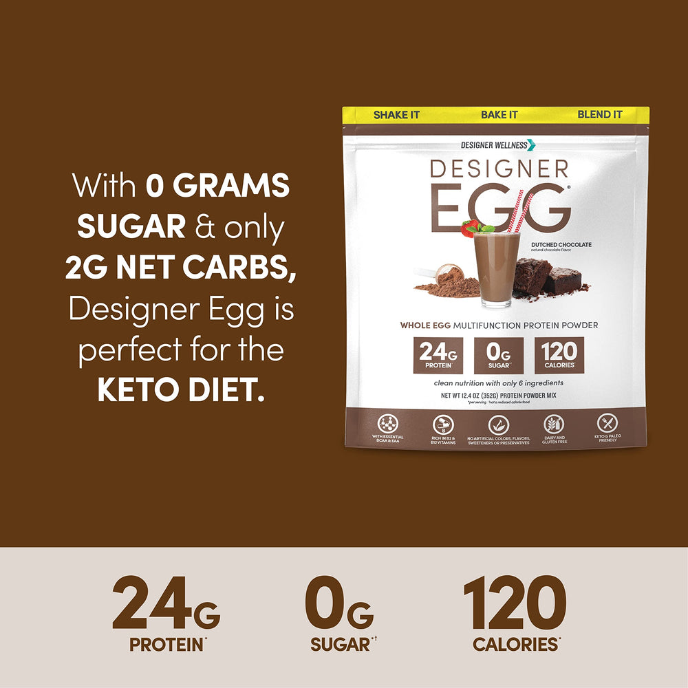 Serving scoop beside Designer Egg powder, illustrating easy portioning.