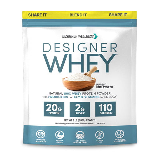 Designer Wellness Designer Whey bottle front — pure unflavored protein for versatile post-workout use