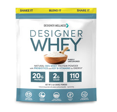 Designer Wellness Designer Whey bottle front — pure unflavored protein for versatile post-workout use