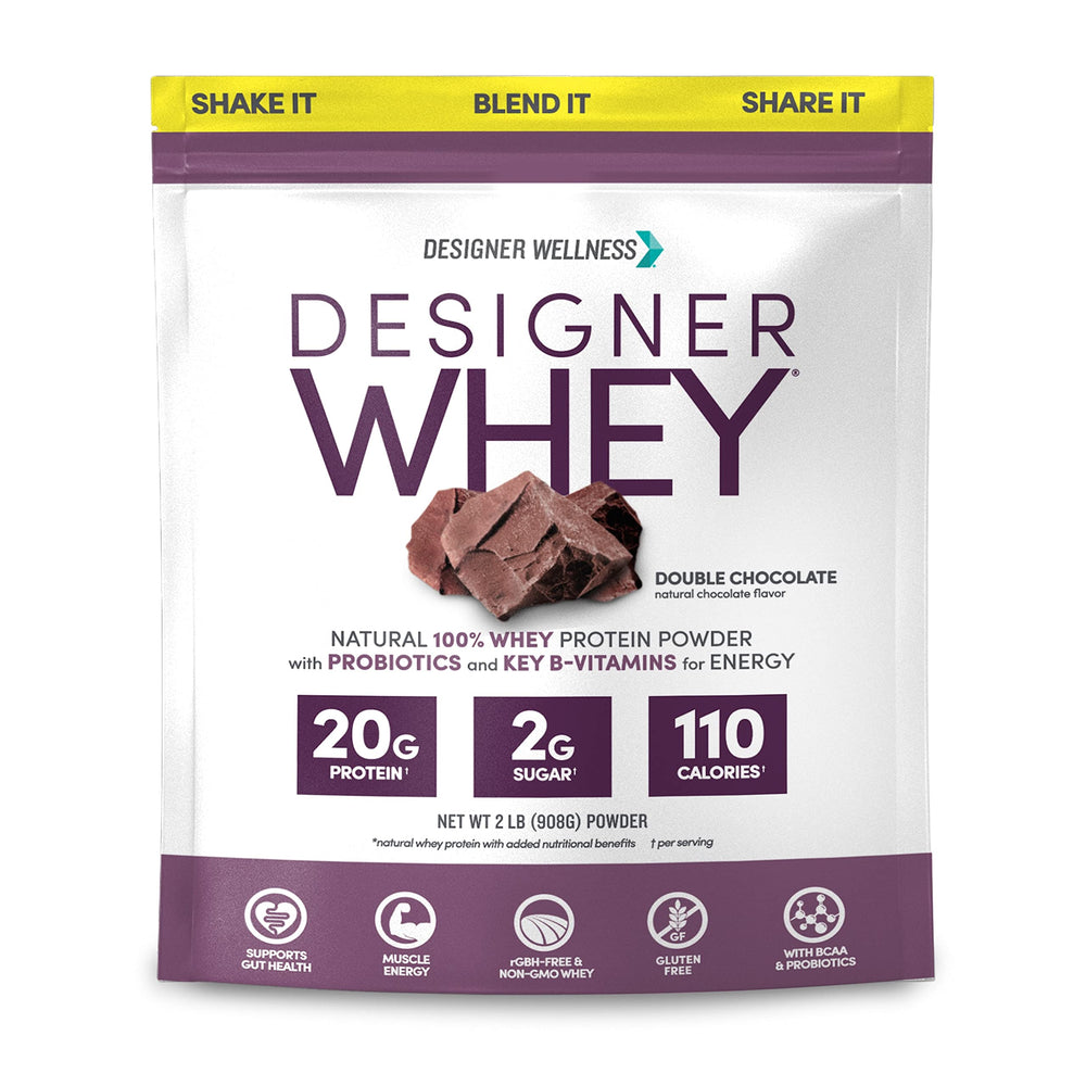 Designer Wellness Designer Whey bottle pouring a protein shake for post-workout energy