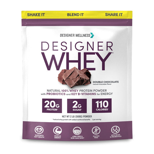 Designer Wellness Designer Whey bottle pouring a protein shake for post-workout energy