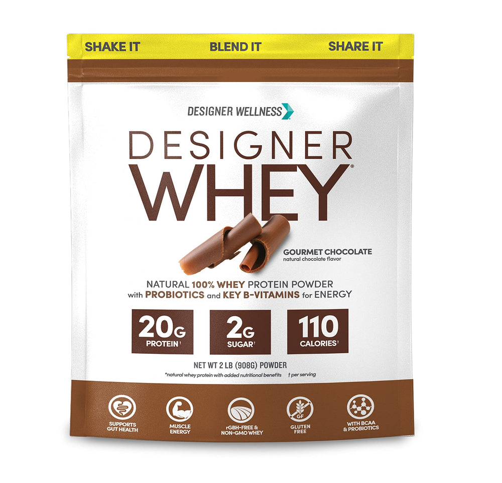 Designer Wellness Designer Whey canister on kitchen shelf for post-workout shakes